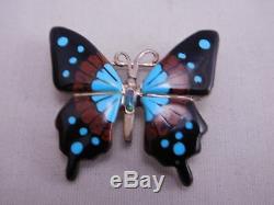 Native American Southwest Sterling Silver Turquoise Onyx Opal Butterfly Pin