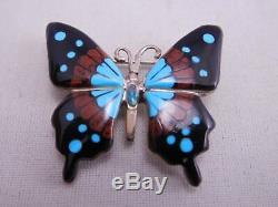 Native American Southwest Sterling Silver Turquoise Onyx Opal Butterfly Pin