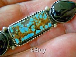Native American Spiderweb Turquoise & Onyx / Jet Sterling Silver Pin Brooch
