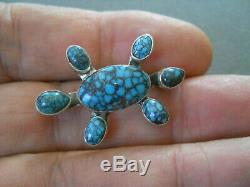 Native American Spiderweb Turquoise Sterling Silver Turtle Tortoise Pin Brooch