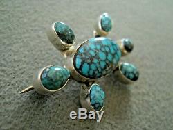 Native American Spiderweb Turquoise Sterling Silver Turtle Tortoise Pin Brooch