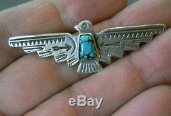 Native American Spiderweb Turquoise Thunderbird Stamped Sterling Silver Pin