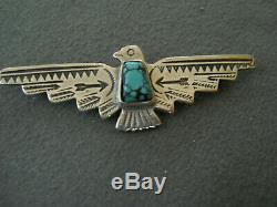 Native American Spiderweb Turquoise Thunderbird Stamped Sterling Silver Pin
