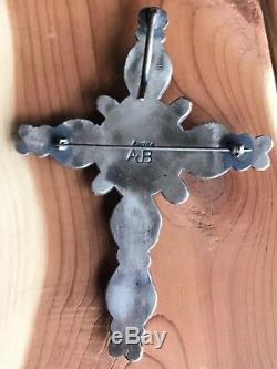 Native American Sterling Navajo Cross With Turquoise by A& JB Pendant Pin Brooch