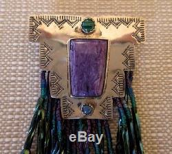 Native American Sterling Pin/Pendant Charoite Malachite Azurite & Beads