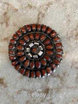 Native American Sterling Red Coral Pin Brooch Pendant Petit Point Zuni Signed LW