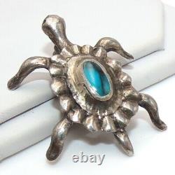 Native American Sterling Silver 3D Turtle Smoky Bisbee Blue Turquoise Pin LLB5