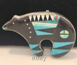 Native American Sterling Silver 925 Multistone Inlaid Turquoise Bear BROOCH Pin