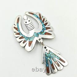 Native American Sterling Silver 925 Turquoise Coral Inlay Peyote Bird Brooch Pin