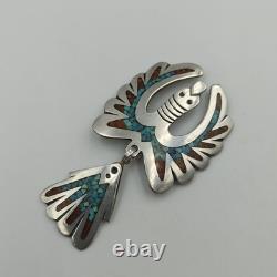 Native American Sterling Silver 925 Turquoise Coral Inlay Peyote Bird Brooch Pin