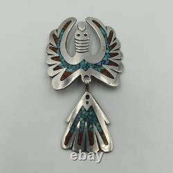 Native American Sterling Silver 925 Turquoise Coral Inlay Peyote Bird Brooch Pin