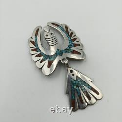 Native American Sterling Silver 925 Turquoise Coral Inlay Peyote Bird Brooch Pin