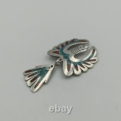 Native American Sterling Silver 925 Turquoise Coral Inlay Peyote Bird Brooch Pin