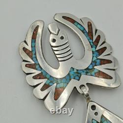 Native American Sterling Silver 925 Turquoise Coral Inlay Peyote Bird Brooch Pin