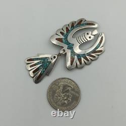Native American Sterling Silver 925 Turquoise Coral Inlay Peyote Bird Brooch Pin