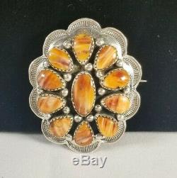 Native American Sterling Silver Brooch Pin Pendant Orange Stones Spiny Oyster