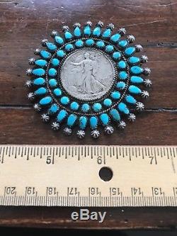 Native American Sterling Silver Coin & Petit Point Turquoise Pin 1945