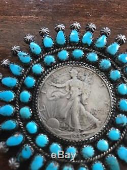 Native American Sterling Silver Coin & Petit Point Turquoise Pin 1945