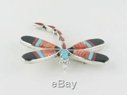 Native American Sterling Silver Handmade Multi Stone Dragonfly Pin / Pendant