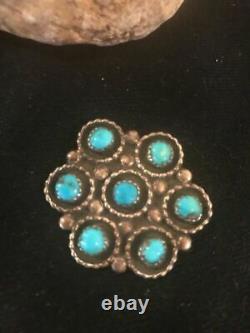 Native American Sterling Silver Kingman Cluster Turquoise Navajo Pin Gift 8017