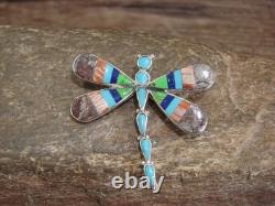 Native American Sterling Silver & Multi Stone Inlay Dragonfly Pendant Pin by