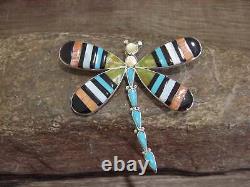 Native American Sterling Silver & Multi Stone Inlay Dragonfly Pendant Pin by