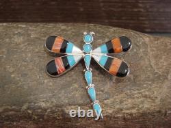 Native American Sterling Silver & Multi Stone Inlay Dragonfly Pendant Pin by