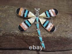 Native American Sterling Silver & Multi Stone Inlay Dragonfly Pendant Pin by