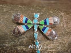 Native American Sterling Silver & Multi Stone Inlay Dragonfly Pendant Pin by