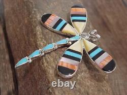 Native American Sterling Silver & Multi Stone Inlay Dragonfly Pendant Pin by