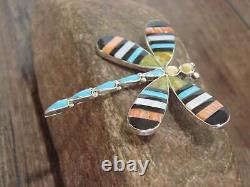 Native American Sterling Silver & Multi Stone Inlay Dragonfly Pendant Pin by