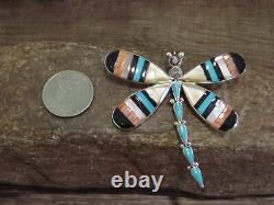 Native American Sterling Silver & Multi Stone Inlay Dragonfly Pendant Pin by