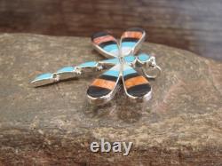 Native American Sterling Silver & Multi Stone Inlay Dragonfly Pendant Pin by