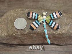 Native American Sterling Silver & Multi Stone Inlay Dragonfly Pendant Pin by