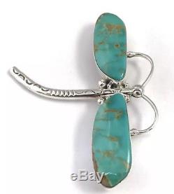 Native American Sterling Silver Navajo Handmade Dragonfly Kingman Turquoise Pin