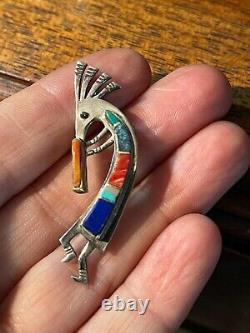 Native American Sterling Silver Navajo Stone Inlay Kokopelli Pendant Pin Signed