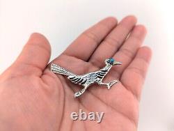 Native American Sterling Silver Roadrunner Turquoise Pin Navajo Jewelry