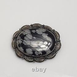 Native American Sterling Silver Snowflake Obsidian Brooch Pin Signed