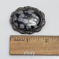 Native American Sterling Silver Snowflake Obsidian Brooch Pin Signed