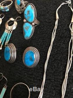 Native American Sterling Silver Turquoise Jewelry Lot Necklace Ring Earrings Pin
