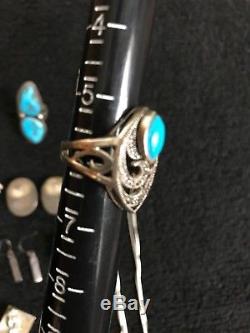 Native American Sterling Silver Turquoise Jewelry Lot Necklace Ring Earrings Pin
