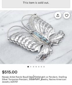 Native American Sterling Silver Turquoise Navajo Butterfly Brooch Pin RANDY BOYD