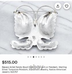 Native American Sterling Silver Turquoise Navajo Butterfly Brooch Pin RANDY BOYD