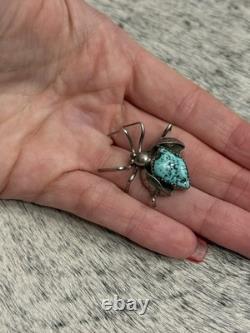 Native American Sterling Silver Turquoise Nugget Beetle Spider Bug Pin Brooch