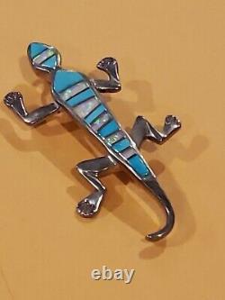 Native American Sterling Silver Turquoise Opal Coral Inlay Lizard Pin Brooch