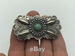 Native American Sterling Silver Turquoise Stamped Concho Brooch Pin Navajo