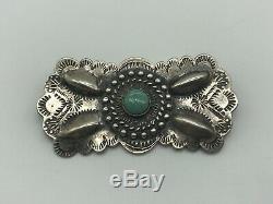 Native American Sterling Silver Turquoise Stamped Concho Brooch Pin Navajo