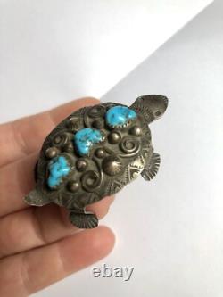 Native American Sterling Silver Turquoise Turtle Brooch Pin AC Stamped 15 gram