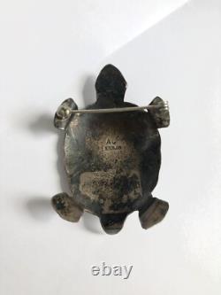Native American Sterling Silver Turquoise Turtle Brooch Pin AC Stamped 15 gram