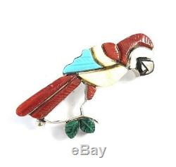 Native American Sterling Silver Zuni Multicolored Parrot Pin Pendant